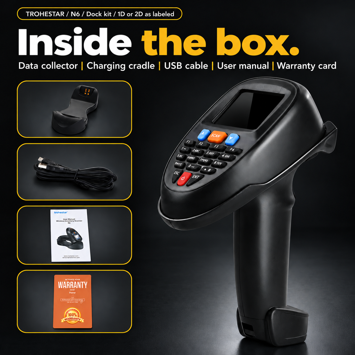TROHESTAR N6 kit — data collector, charging cradle, USB cable, user manual and warranty card