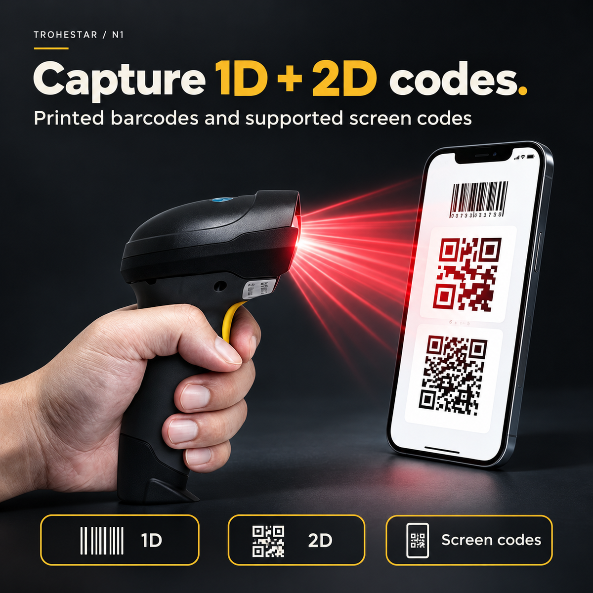 TROHESTAR N1 handheld scanner reading 1D and 2D examples on a phone screen