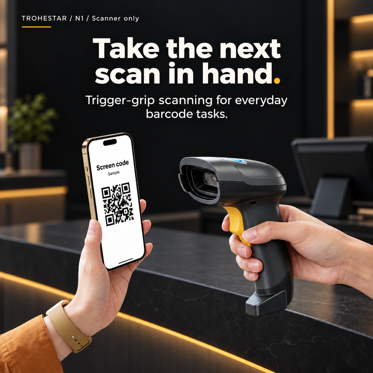 TROHESTAR N1 scanner only — handheld trigger grip scanning a sample phone screen code
