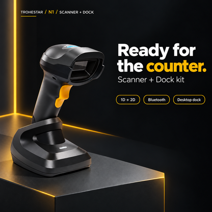 TROHESTAR N1 Scanner + Dock kit — scanner seated in its matching desktop cradle