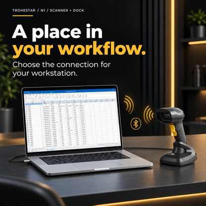 TROHESTAR N1 Scanner + Dock kit at a workstation with sample barcode screens
