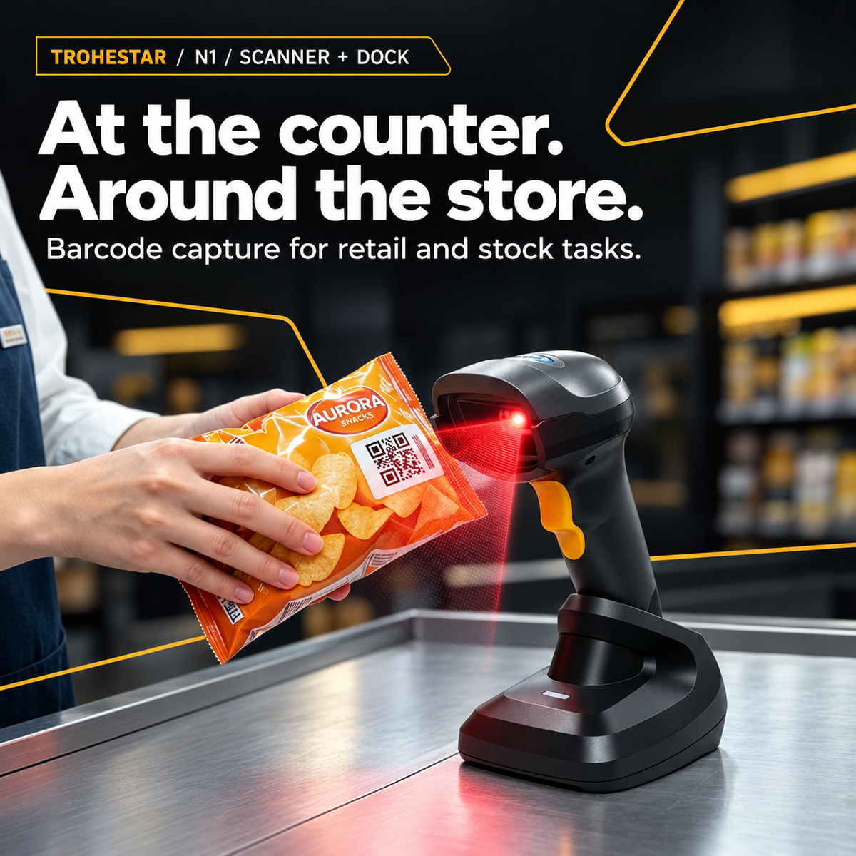 TROHESTAR N1 Scanner + Dock kit used for barcode capture at a retail counter