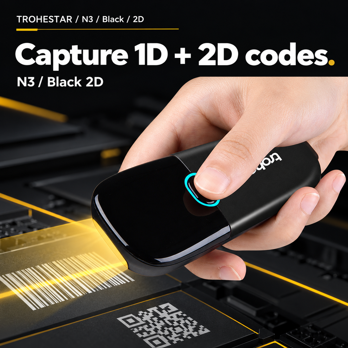 TROHESTAR N3 Black / 2D — pocket scanner held above sample barcodes