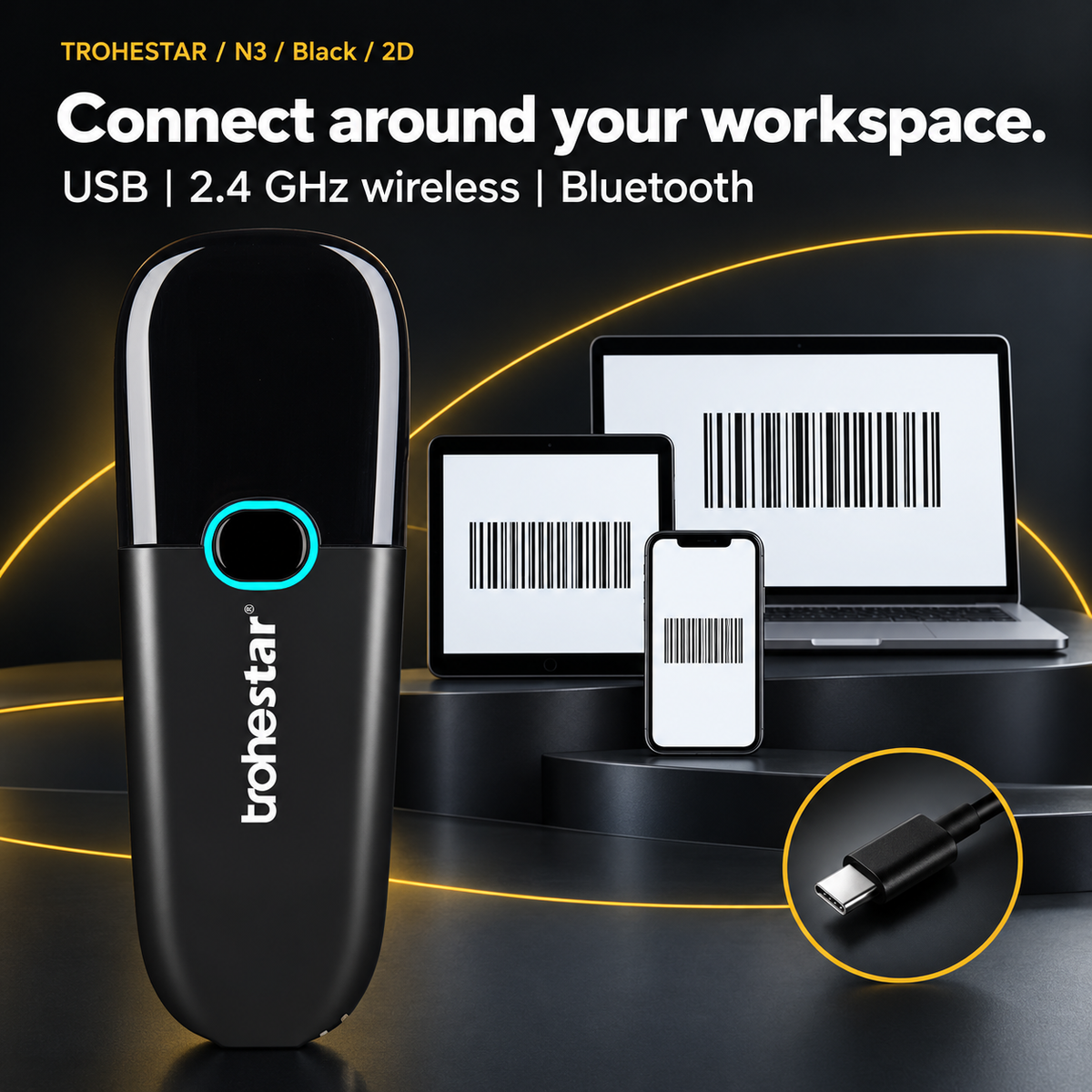 TROHESTAR N3 Black / 2D — pocket scanner and USB-C cable with connection options