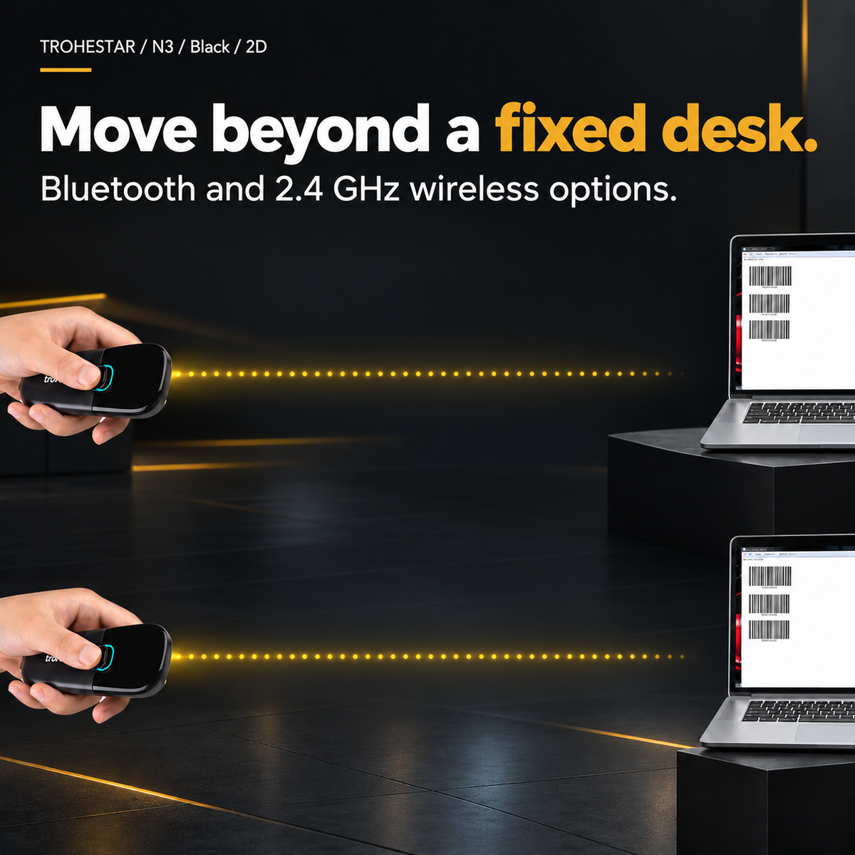 TROHESTAR N3 Black / 2D — handheld pocket scanner and laptop with an open-space wireless link illustration