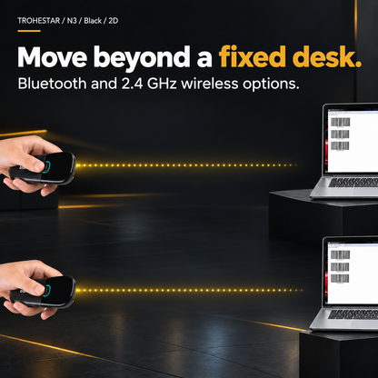 TROHESTAR N3 Black / 2D — handheld pocket scanner and laptop with an open-space wireless link illustration