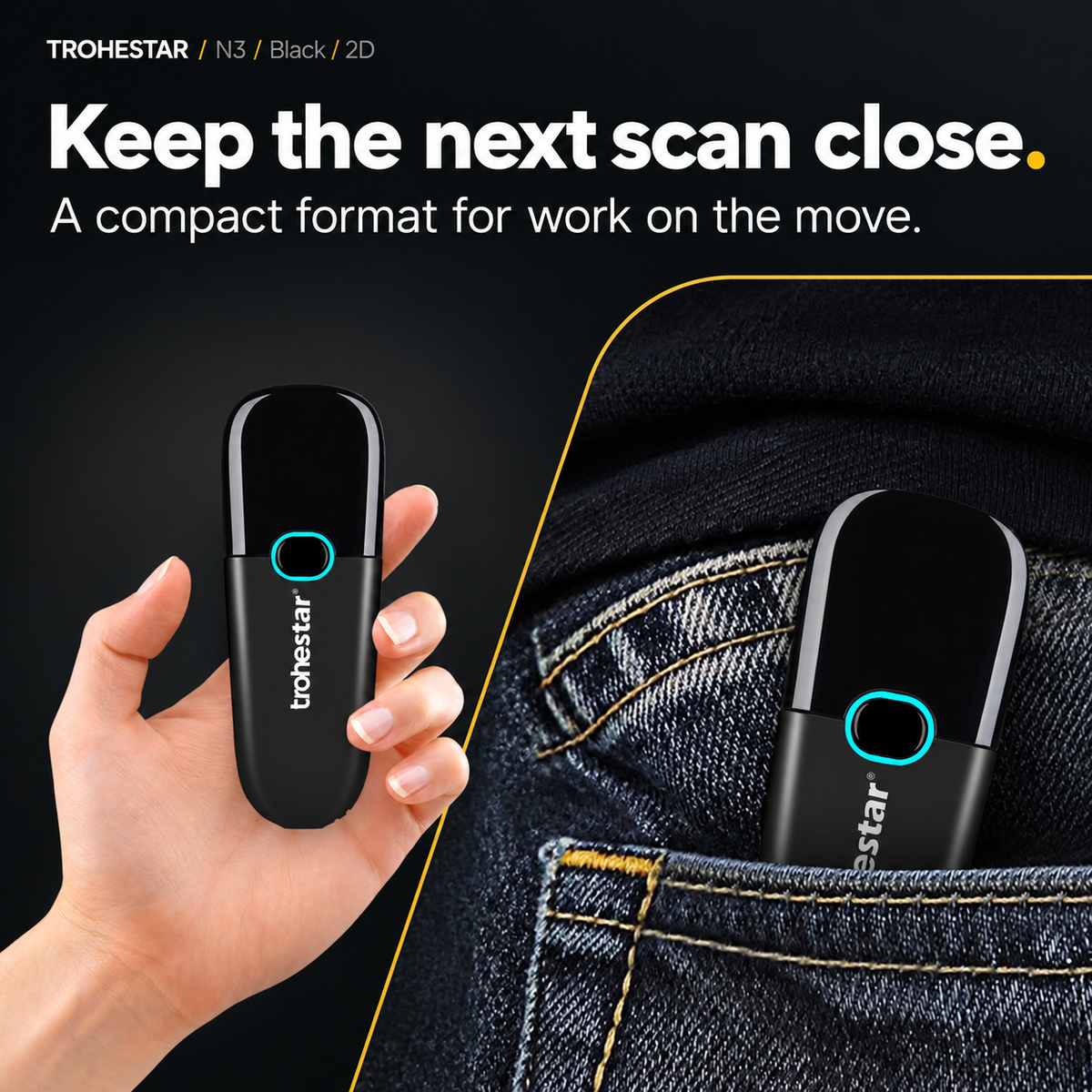 TROHESTAR N3 Black / 2D — pocket scanner held in one hand and carried in a denim pocket