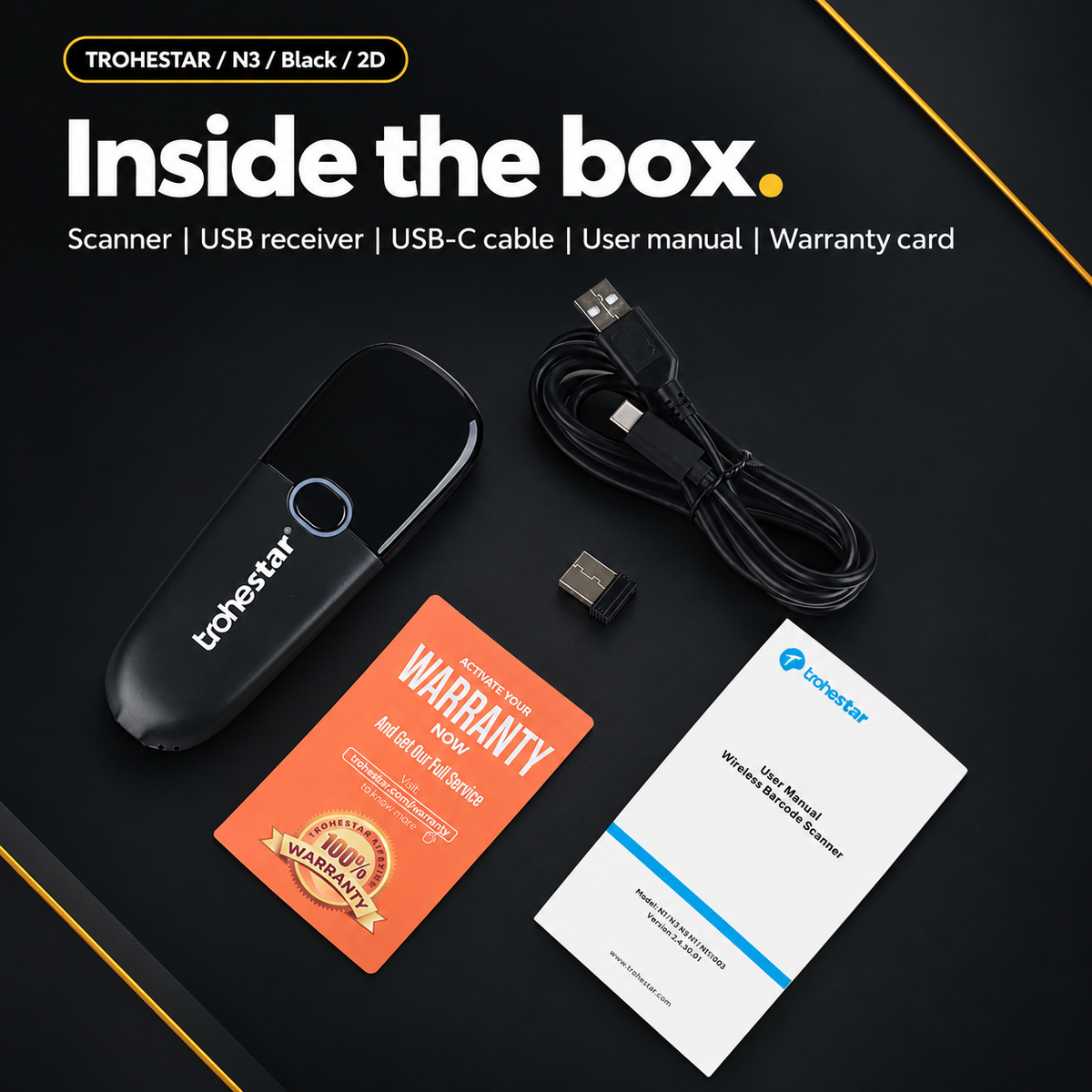 TROHESTAR N3 Black / 2D — scanner, USB receiver, USB-C cable, user manual and warranty card