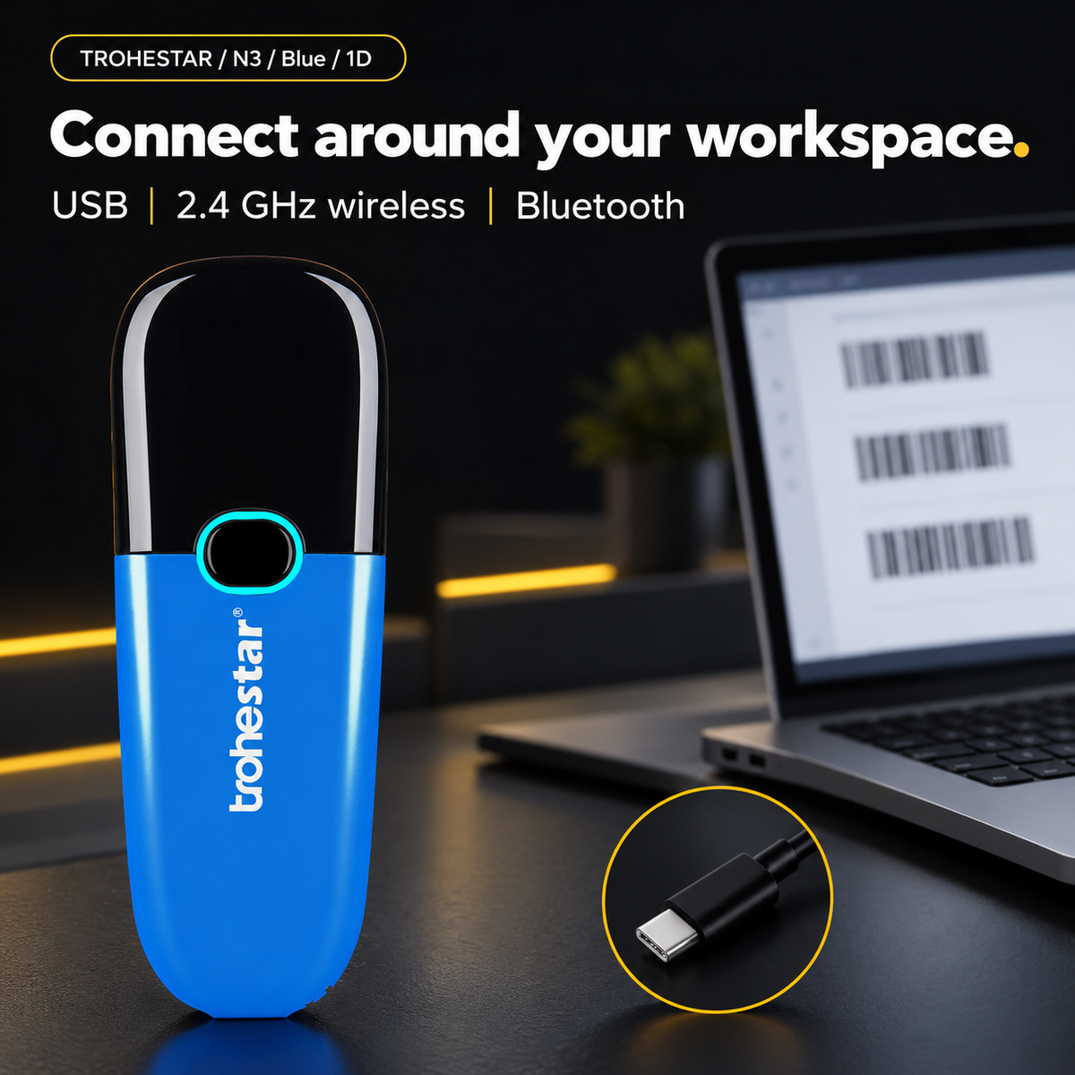 TROHESTAR N3 Blue / 1D — pocket scanner and USB-C cable with connection options