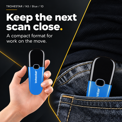 TROHESTAR N3 Blue / 1D — pocket scanner held in one hand and carried in a denim pocket