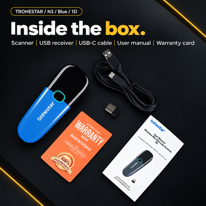 TROHESTAR N3 Blue / 1D — scanner, USB receiver, USB-C cable, user manual and warranty card