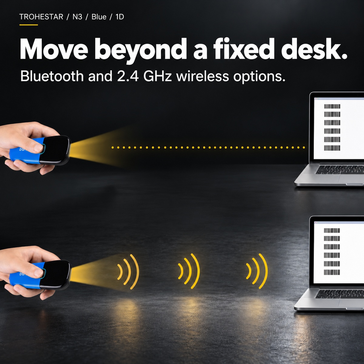 TROHESTAR N3 Blue / 1D — handheld pocket scanner and laptop with an open-space wireless link illustration