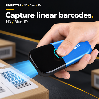 TROHESTAR N3 Blue / 1D — pocket scanner held above sample barcodes