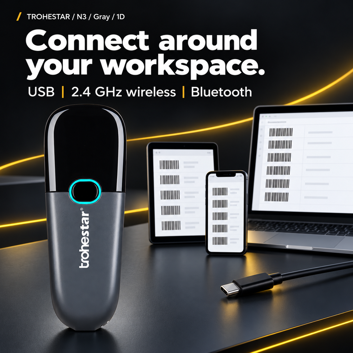 TROHESTAR N3 Gray / 1D — pocket scanner and USB-C cable with connection options