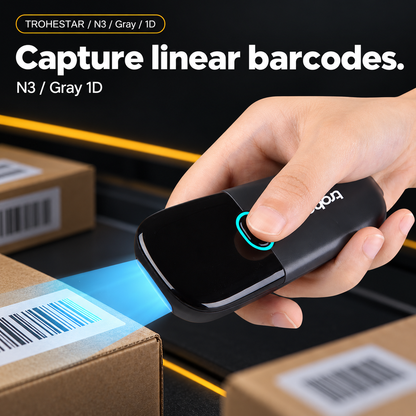 TROHESTAR N3 Gray / 1D — pocket scanner held above sample barcodes