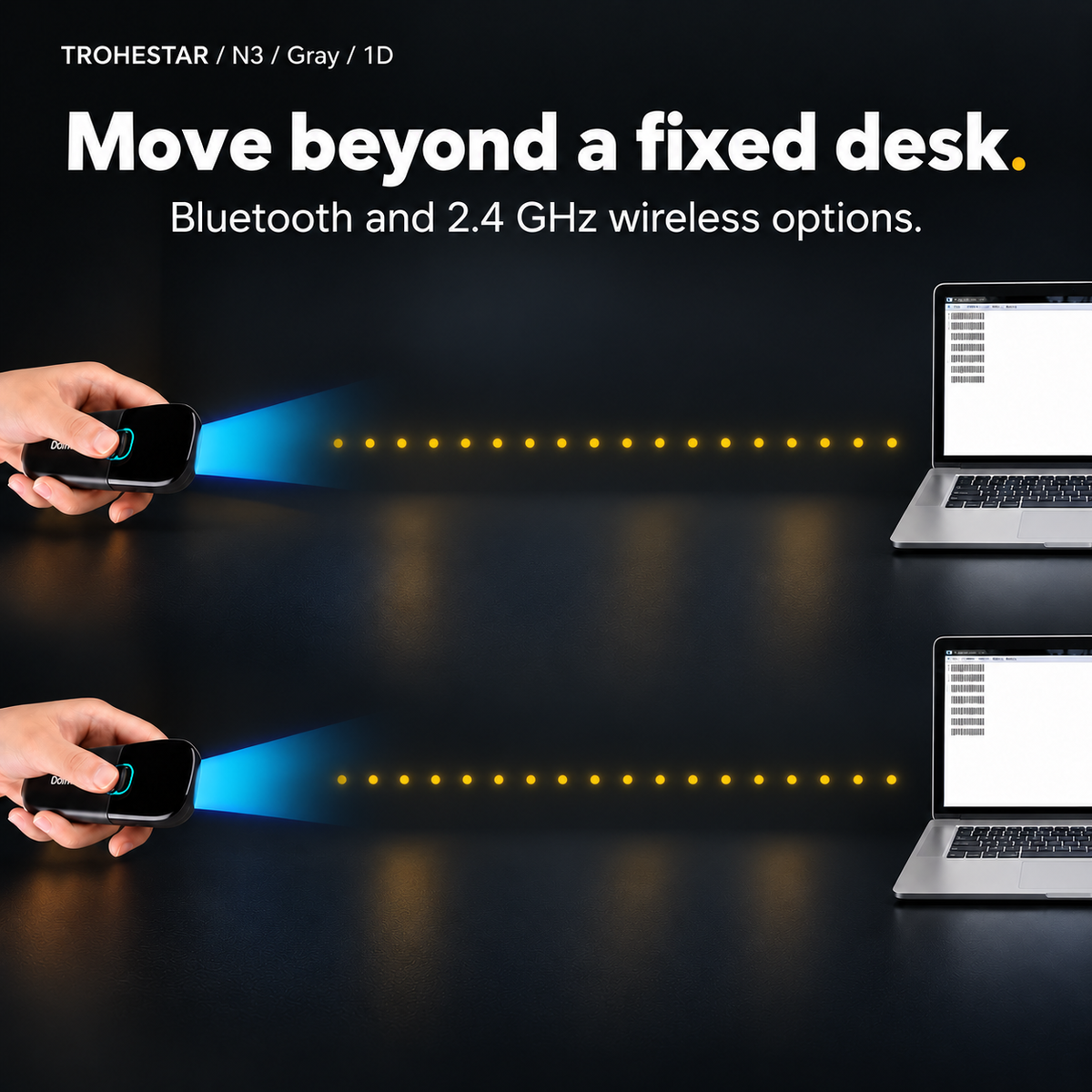 TROHESTAR N3 Gray / 1D — handheld pocket scanner and laptop with an open-space wireless link illustration