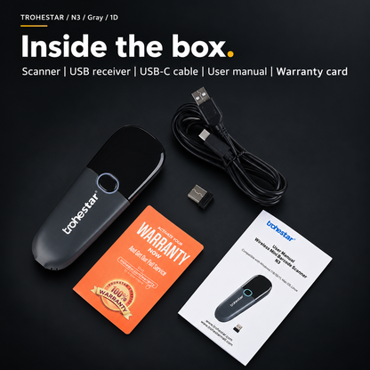 TROHESTAR N3 Gray / 1D — scanner, USB receiver, USB-C cable, user manual and warranty card