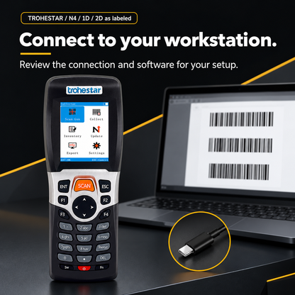 TROHESTAR N4 — display-and-keypad data collector beside a workstation and USB cable