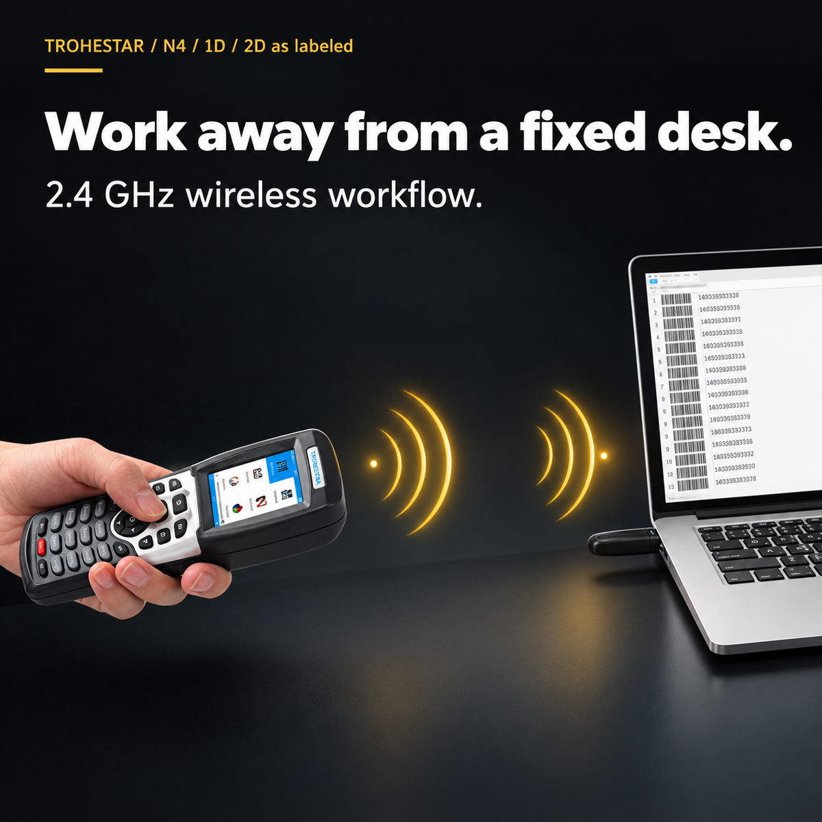 TROHESTAR N4 — handheld data collector linked to a laptop by a neutral wireless illustration