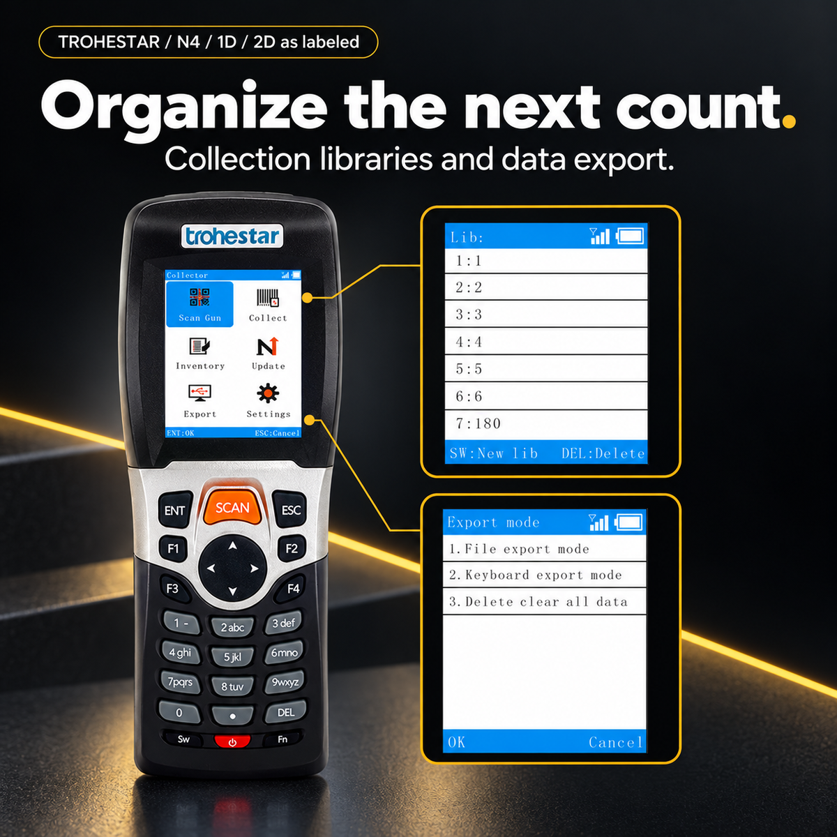 TROHESTAR N4 — data collector with original library and export menu screenshots