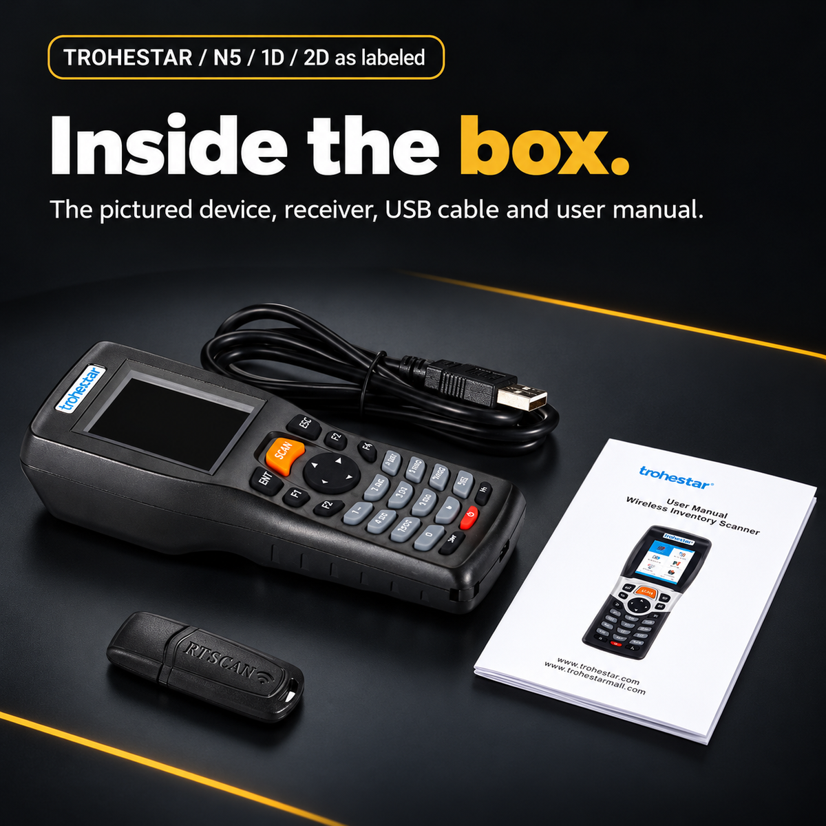 TROHESTAR N5 data collector — scanner, USB receiver, cable and printed documentation