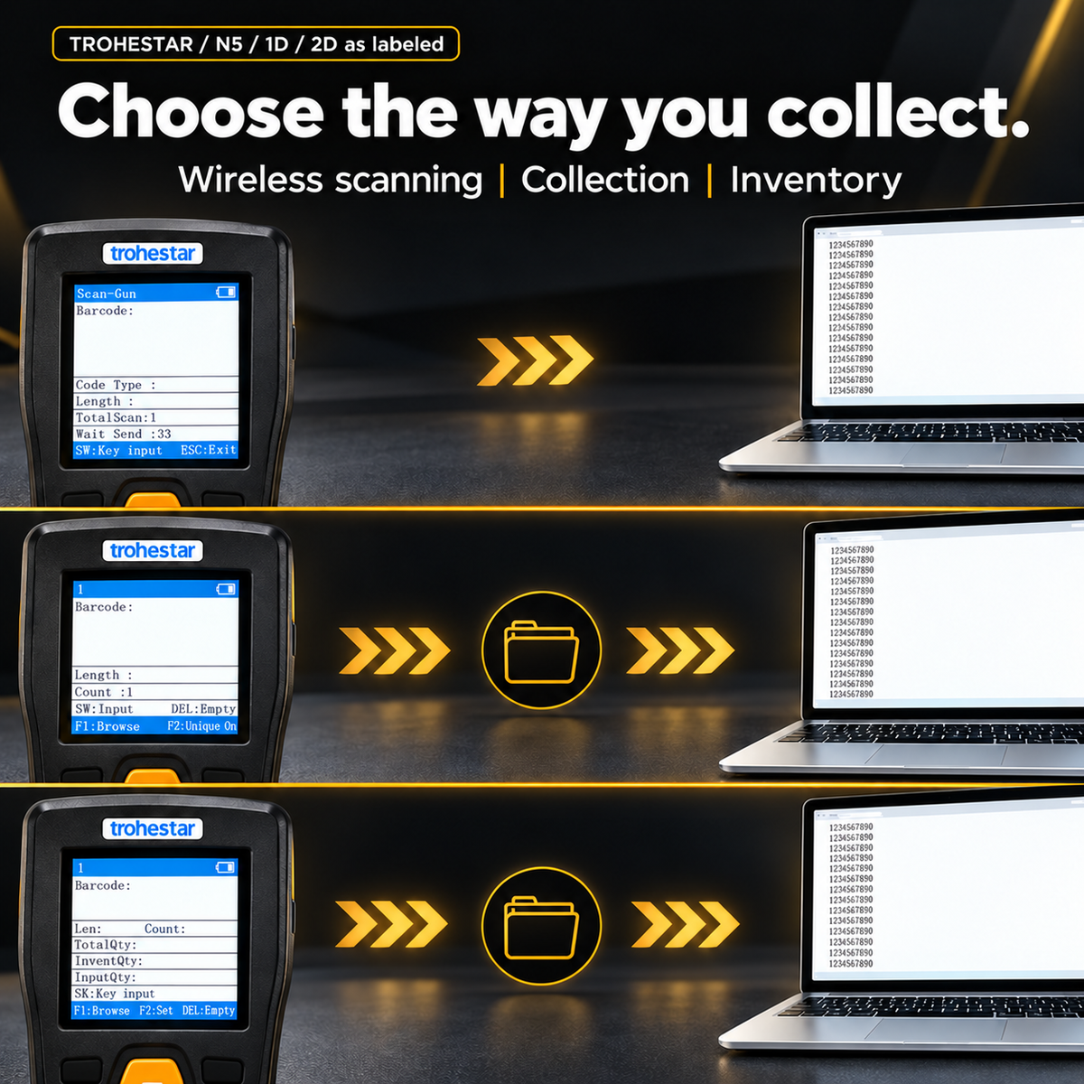 TROHESTAR N5 data collector — original collection and inventory firmware screens