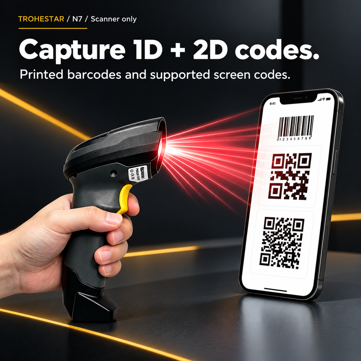 TROHESTAR N7 scanner only — 1D and 2D barcode capture examples