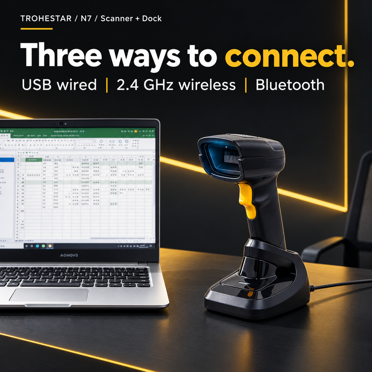 TROHESTAR N7 Scanner + Dock kit — USB wired, 2.4 GHz wireless and Bluetooth connections