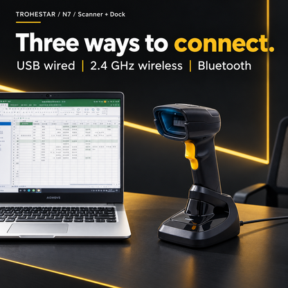 TROHESTAR N7 Scanner + Dock kit — USB wired, 2.4 GHz wireless and Bluetooth connections