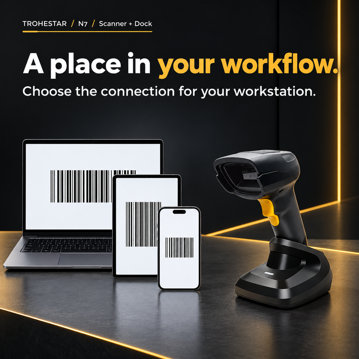 TROHESTAR N7 Scanner + Dock kit — workstation with neutral sample barcode screens