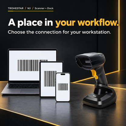 TROHESTAR N7 Scanner + Dock kit — workstation with neutral sample barcode screens