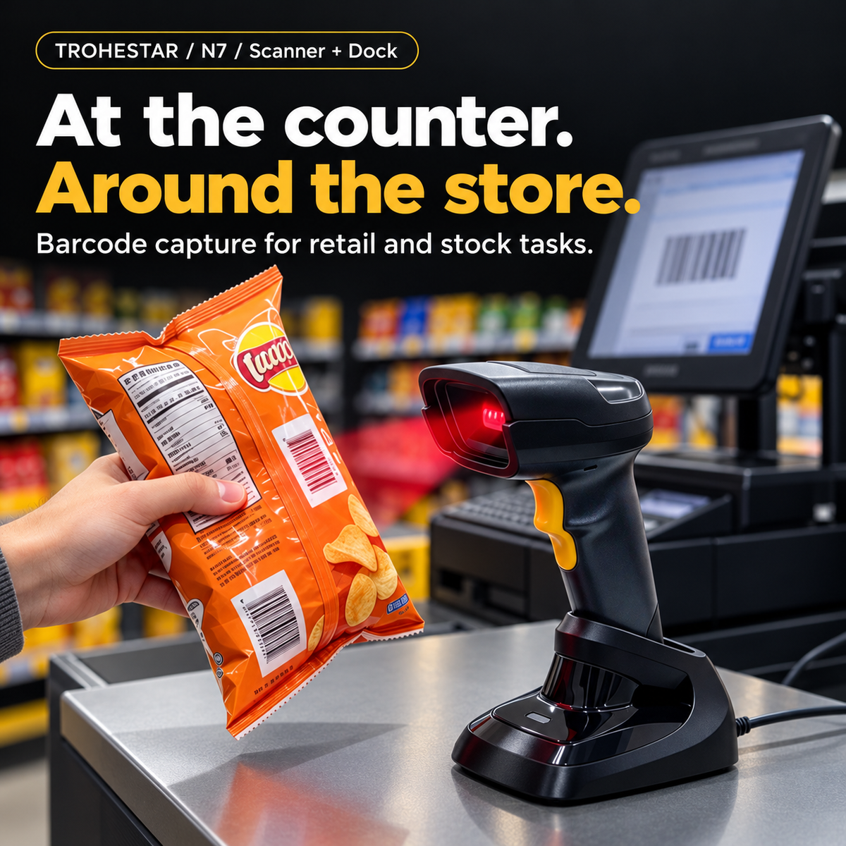 TROHESTAR N7 Scanner + Dock kit — barcode capture at a retail counter