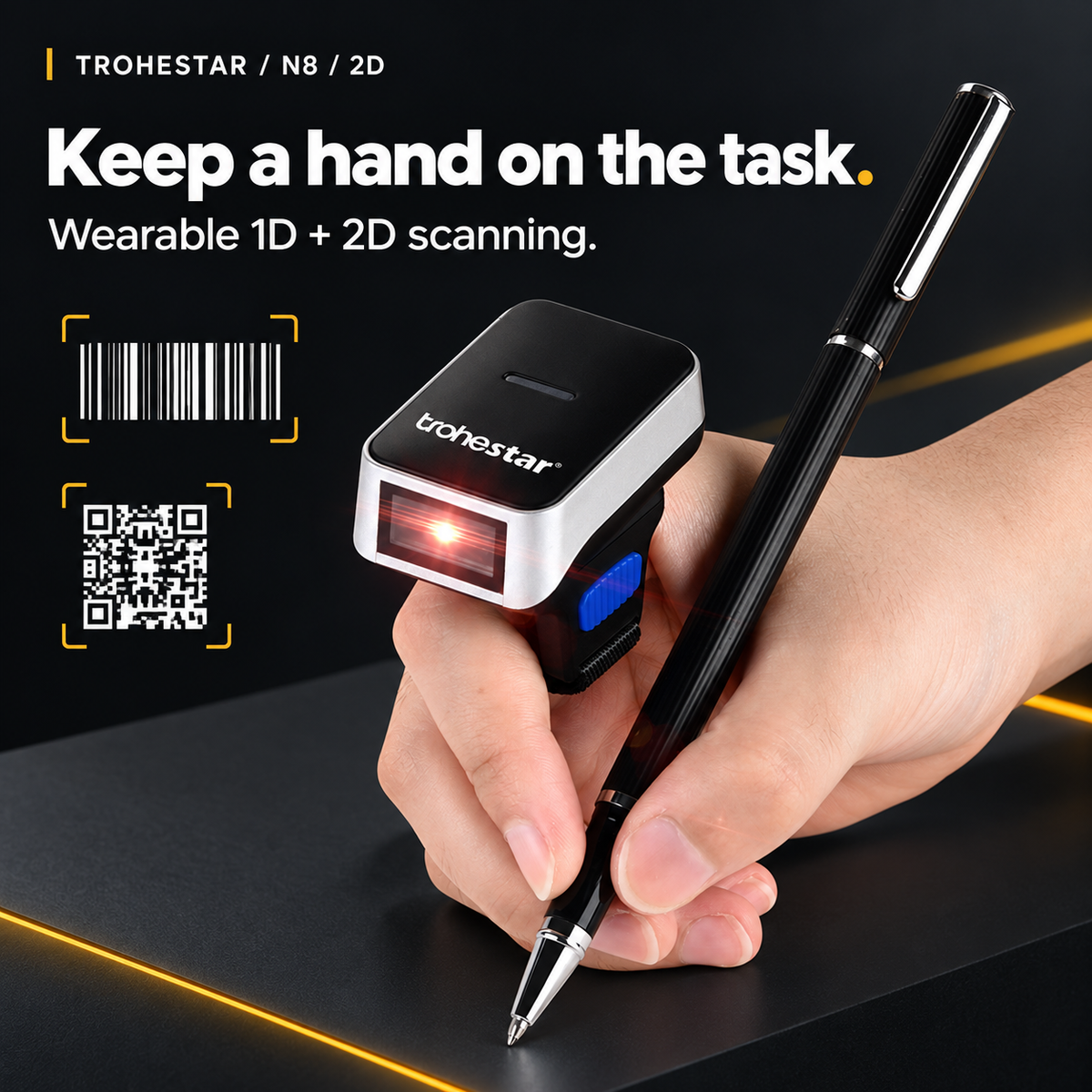TROHESTAR N8 2D ring scanner — original wearable scanner, strap and hand-held pen pose