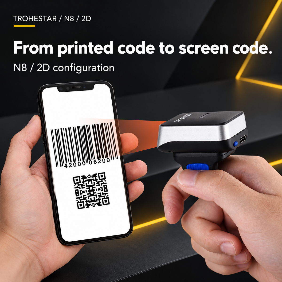 TROHESTAR N8 2D ring scanner — reading printed and screen-displayed codes