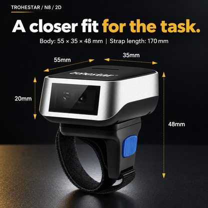 TROHESTAR N8 2D ring scanner — 55 by 35 by 48 mm body and 170 mm strap