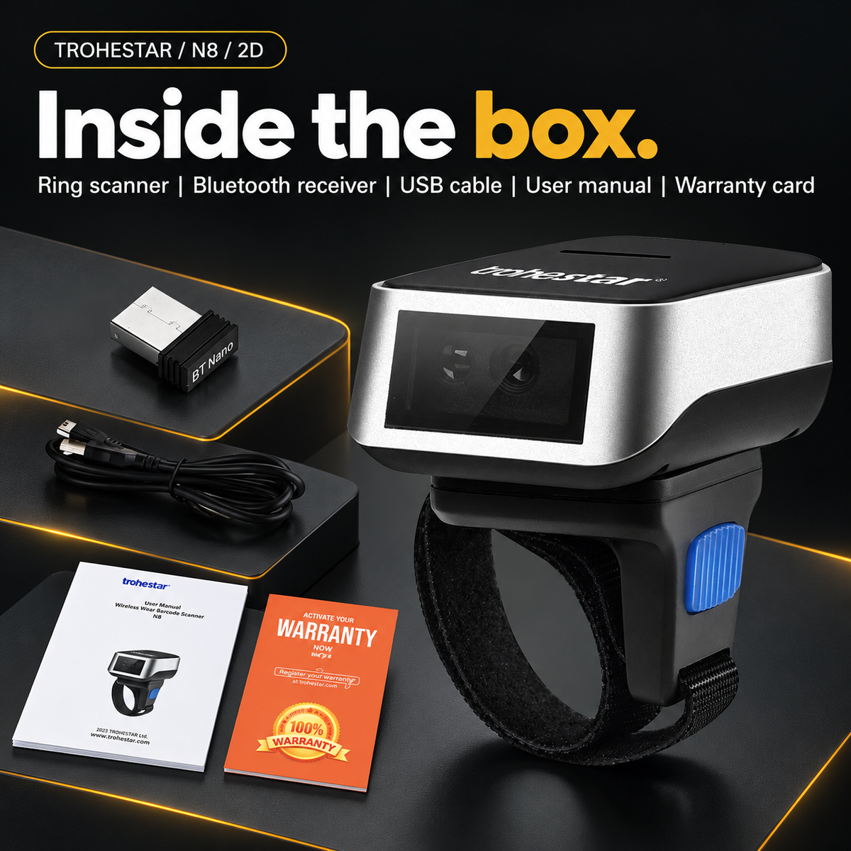 TROHESTAR N8 2D kit — ring scanner, Bluetooth receiver, USB cable, manual and warranty card