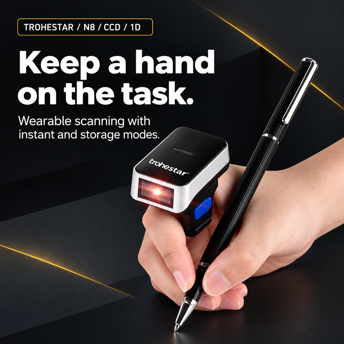 TROHESTAR N8 CCD 1D ring scanner — original wearable scanner and hand-held pen pose