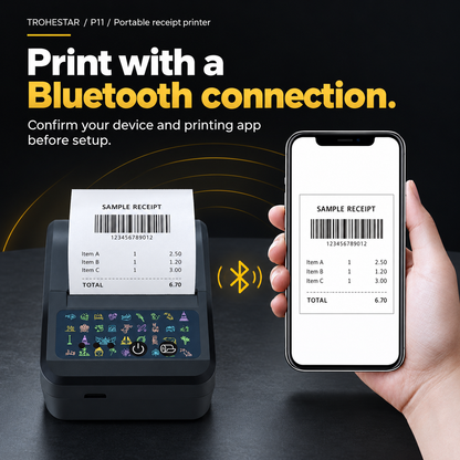 TROHESTAR P11 portable receipt printer — Bluetooth workflow with a neutral sample receipt
