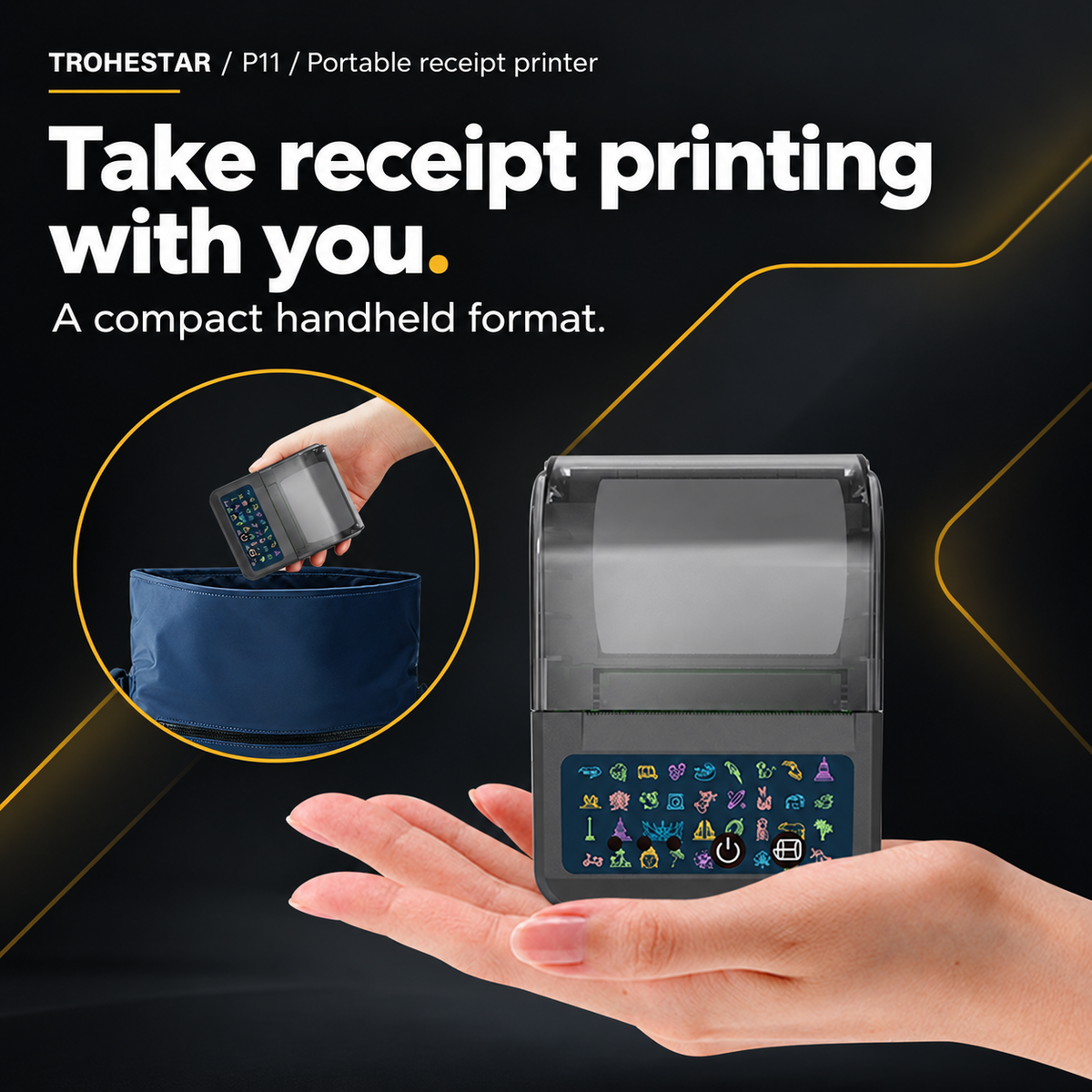 TROHESTAR P11 portable receipt printer — original handheld size and transparent lid