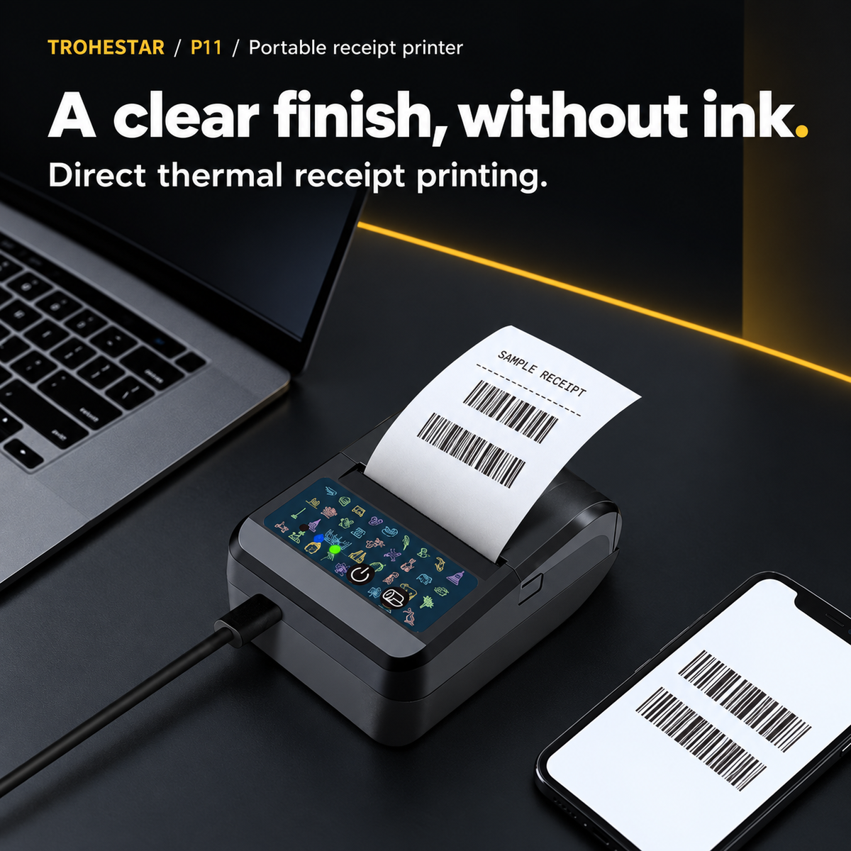 TROHESTAR P11 portable receipt printer — direct thermal output with a neutral sample receipt