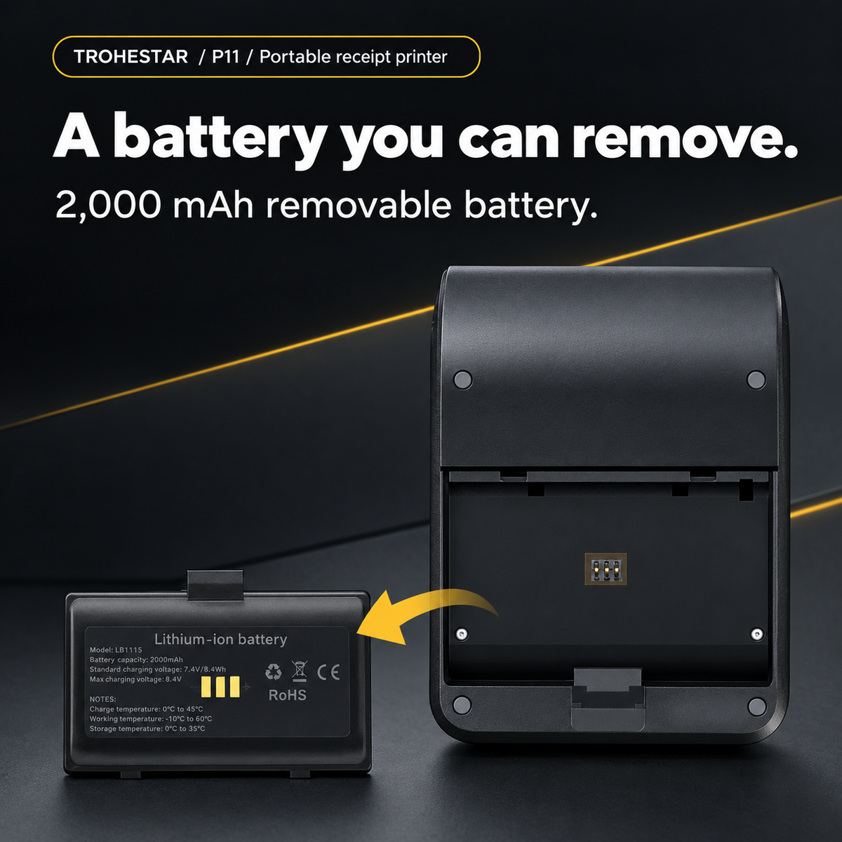 TROHESTAR P11 portable receipt printer — original removable 2000 mAh battery and compartment