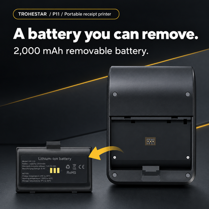 TROHESTAR P11 portable receipt printer — original removable 2000 mAh battery and compartment