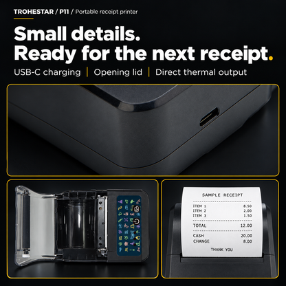 TROHESTAR P11 portable receipt printer — USB-C charging port, open lid and sample thermal output