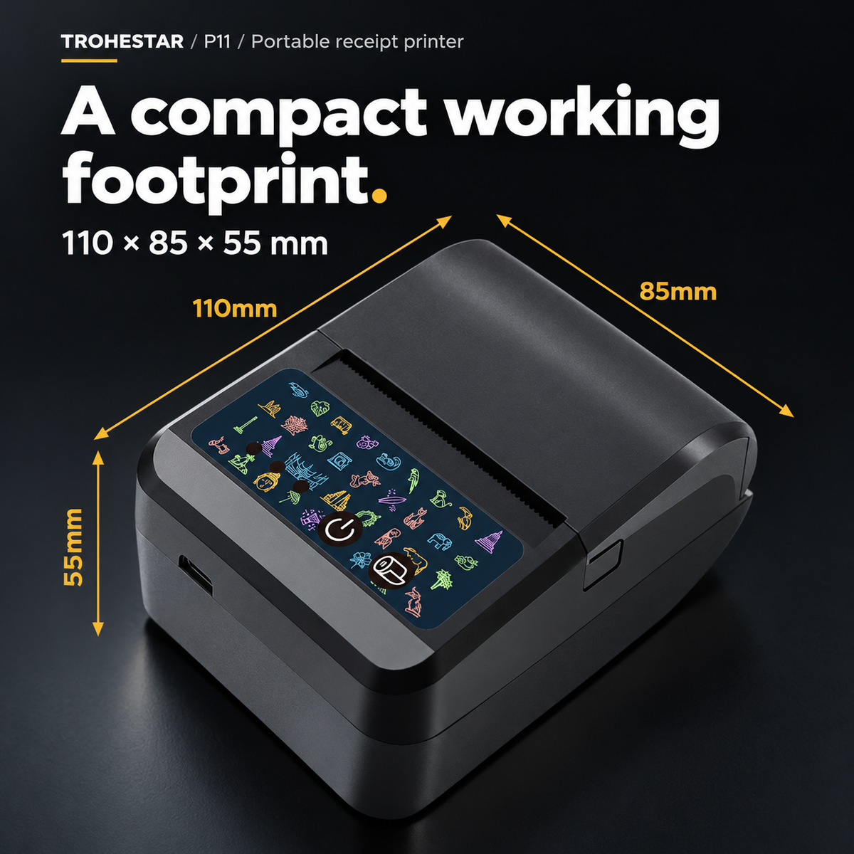 TROHESTAR P11 portable receipt printer — 110 by 85 by 55 mm dimensions
