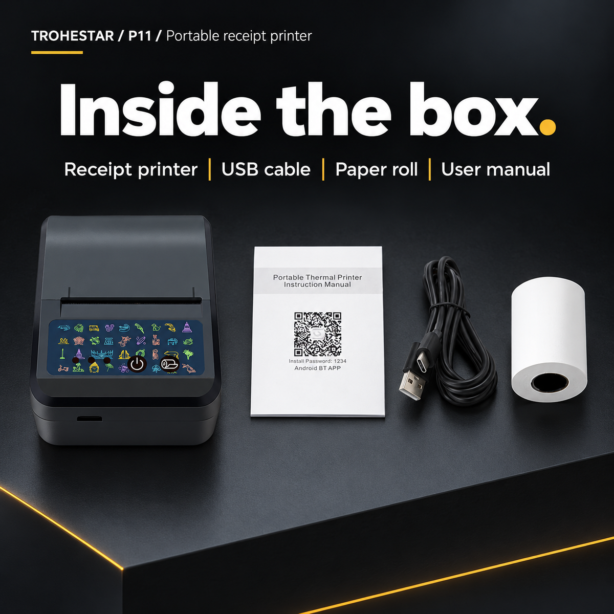 TROHESTAR P11 kit — receipt printer, USB cable, paper roll and user manual