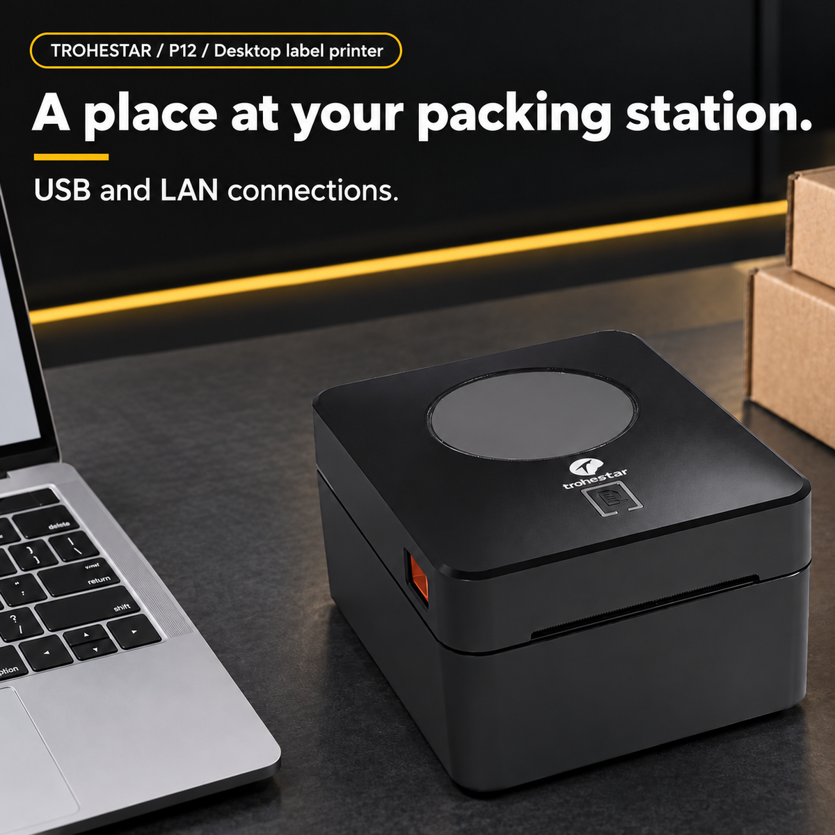 TROHESTAR P12 desktop label printer — USB and LAN packing-station workflow