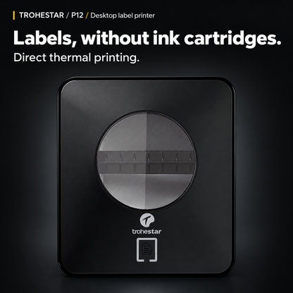 TROHESTAR P12 desktop label printer — original top window and feed-button detail