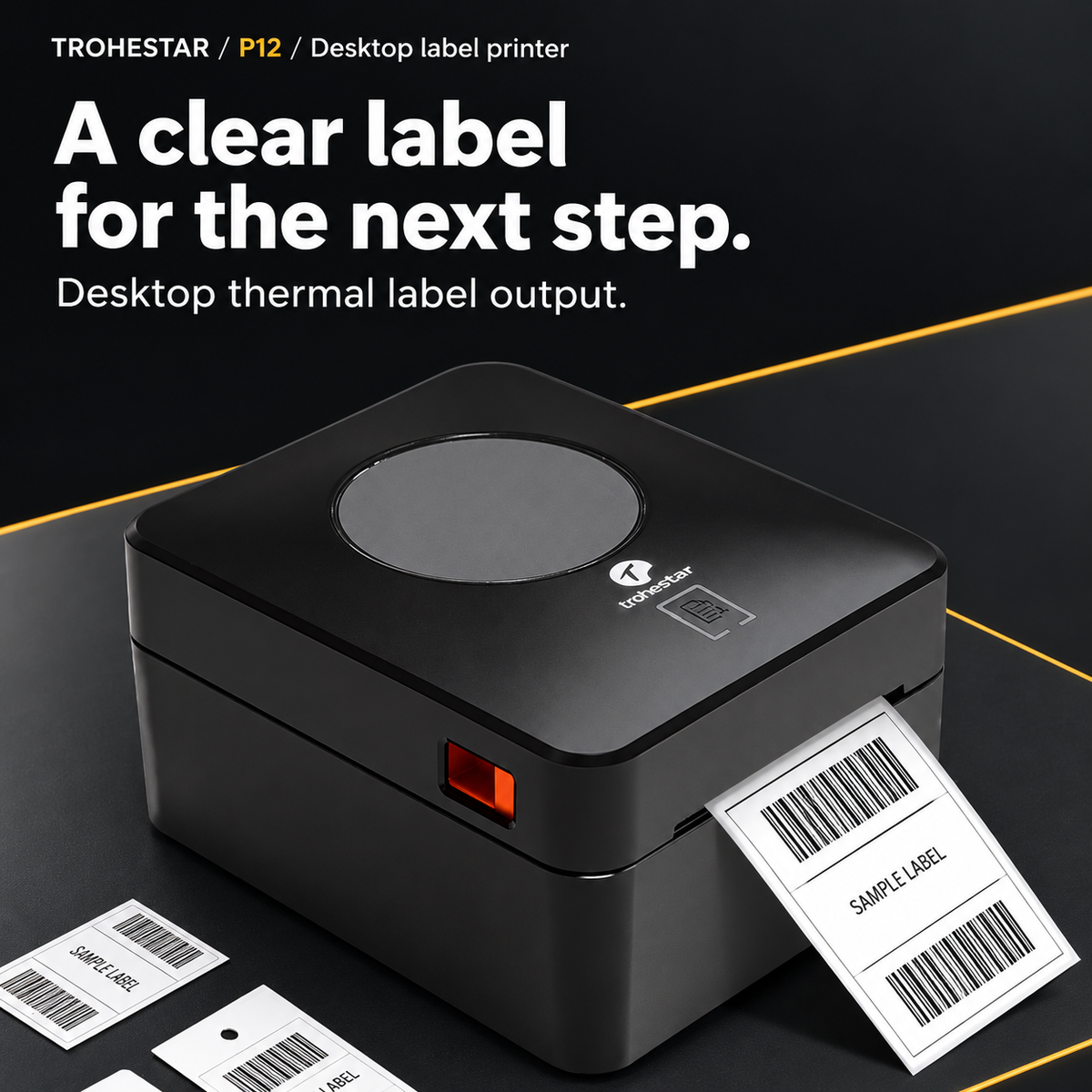 TROHESTAR P12 desktop label printer — direct thermal output with neutral sample labels