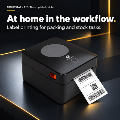 TROHESTAR P12 desktop label printer — label workflow with original housing and feed button