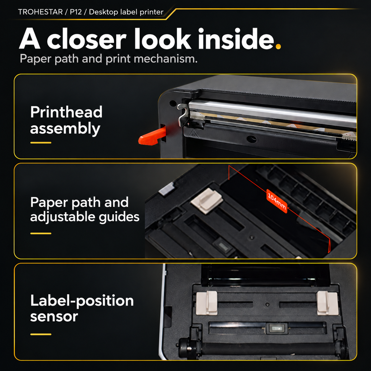 TROHESTAR P12 desktop label printer — original printhead assembly, paper guides and label-position sensor